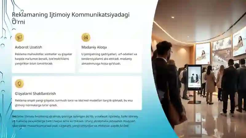 Reklama – bu nafaqat mahsulot yoki xizmatni targ'ib qilish vositasi, balki ijtimoiy kommunikatsiyaning murakkab va ko'p qirrali shaklidir. U jamiyatning qadriyatlari, madaniyati va intilishlarini aks ettiradi, shu bilan birga iste'molchilarning xulq-atvoriga va qarorlariga ta'sir ko'rsatadi. Reklamaning tili, uning vizual va lingvistik elementlari orqali, bizning dunyoqarashimizni shakllantirishda muhim rol o'ynaydi. 3