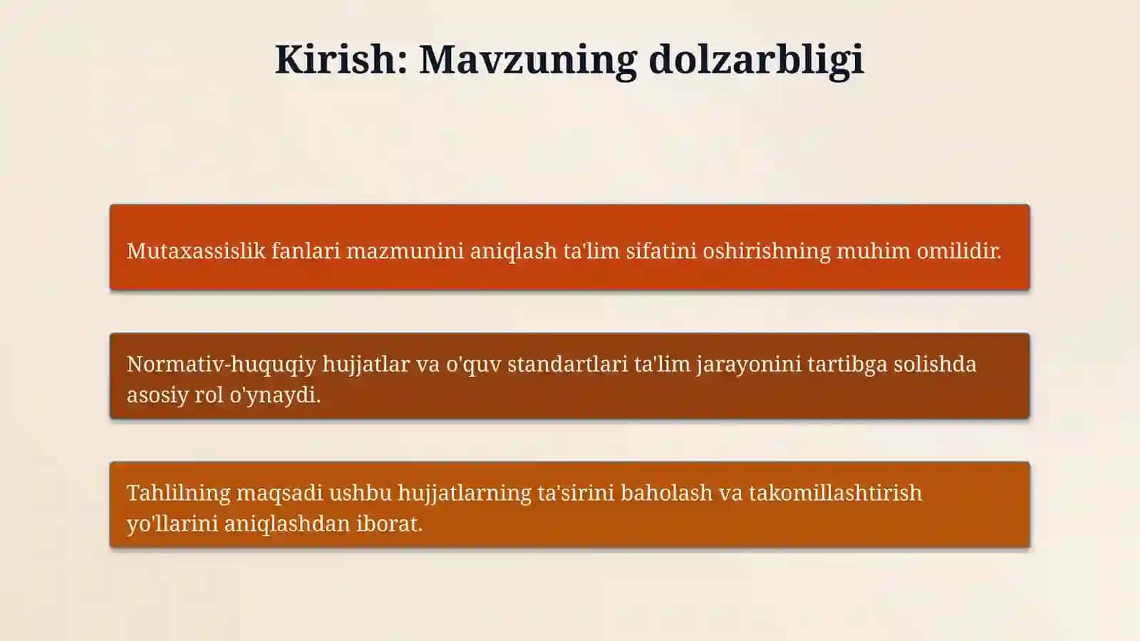 Mutaxasislik fanlarini o'qitish mazmunini belgilab beruvchi me'yoriy- huquqiy hujjatlar va o'quv standartlari tahlili mavzusida 3