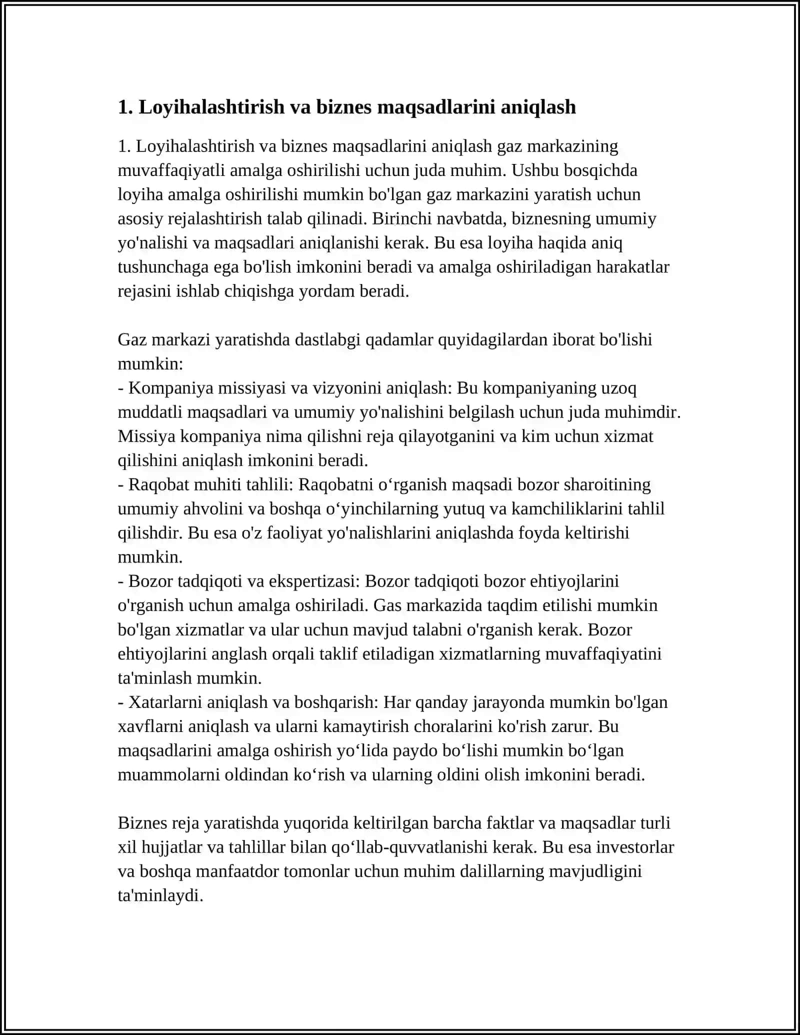 REFERAT BIZNES REJA YARATISH. ENG SIFATLI GAZ MARKAZI QANDAY ANIQLANADI? 3