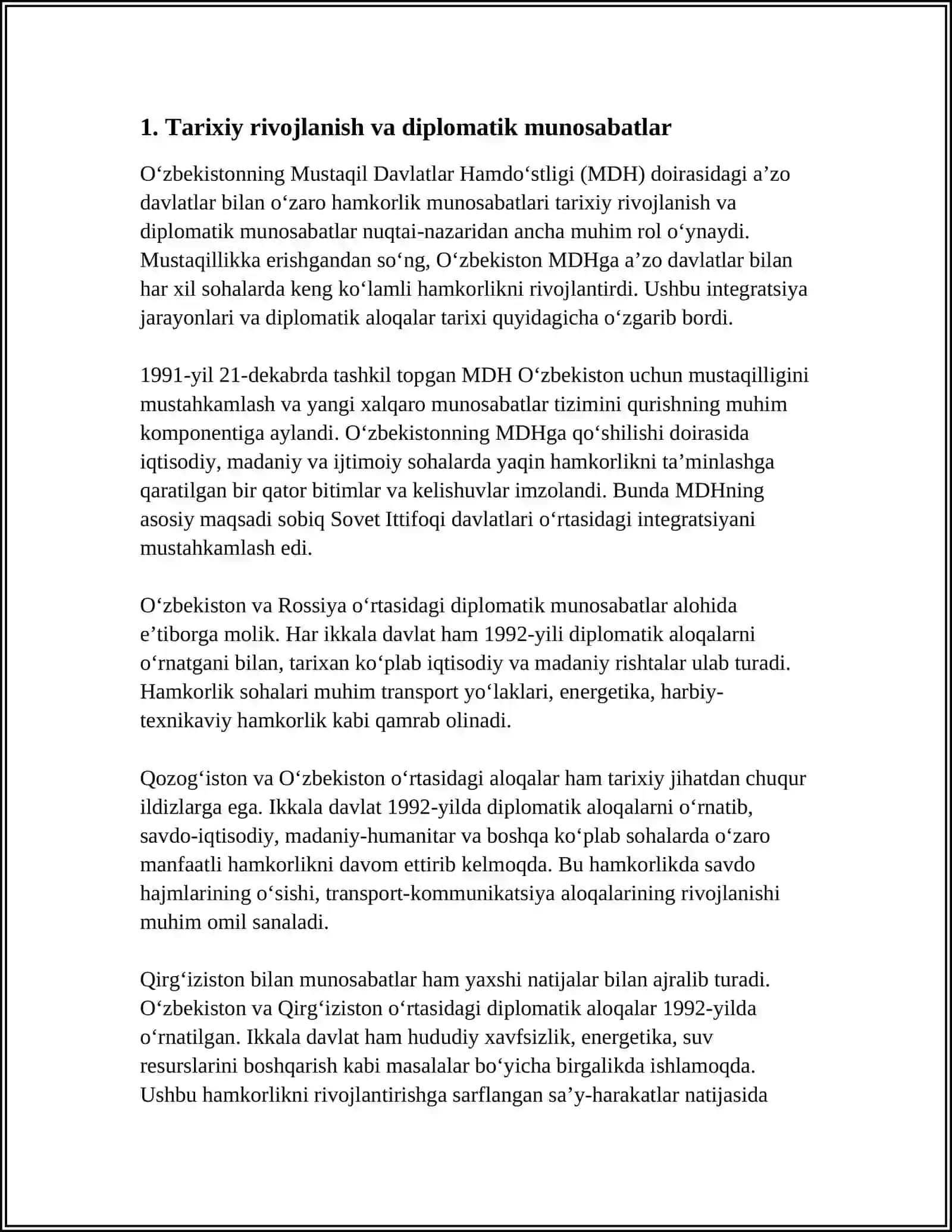 OʻZBEKISTONNING MDHDA A'ZO DAVLATLARI BILAN OʻZARO HAMKORLIK OLOQALARI 3