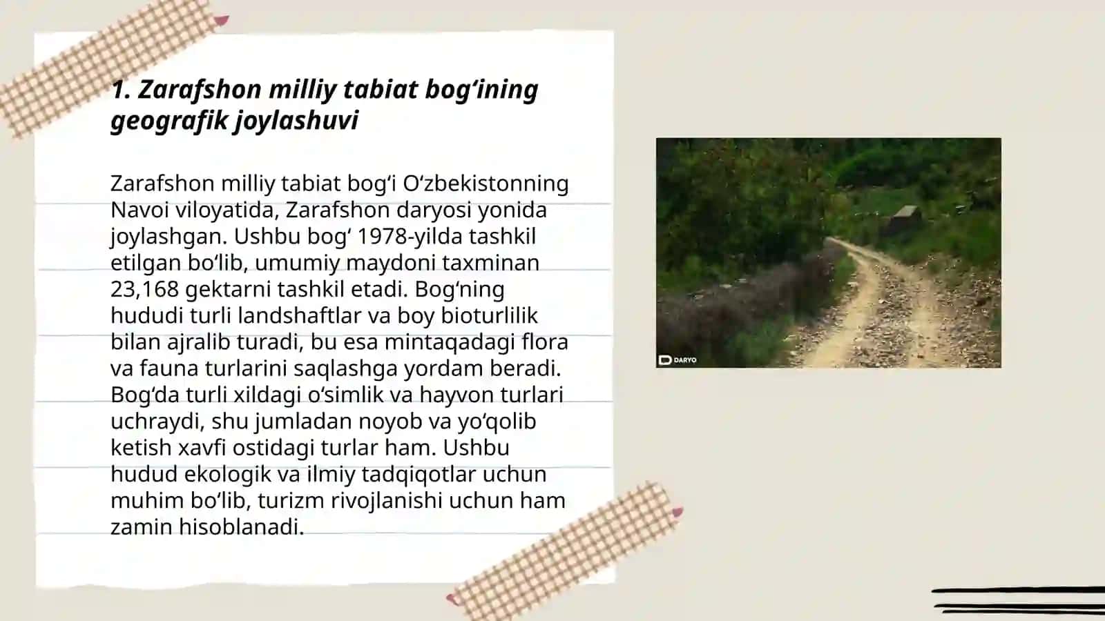 Zarafshon milliy tabiat bogʻi va geografik xususiyatlari joylashish hududi bilan tanishish 3