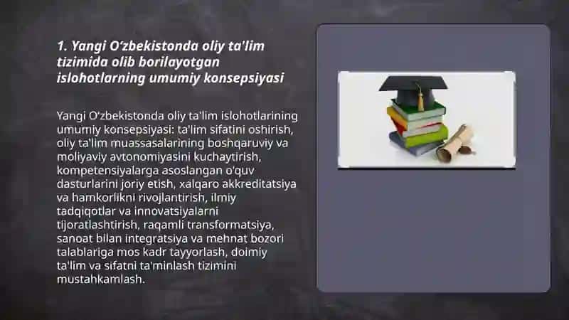 Yangi Oʻzbekistonda oliy ta'lim tizimi.Olib borilayotgan islohatlar 3