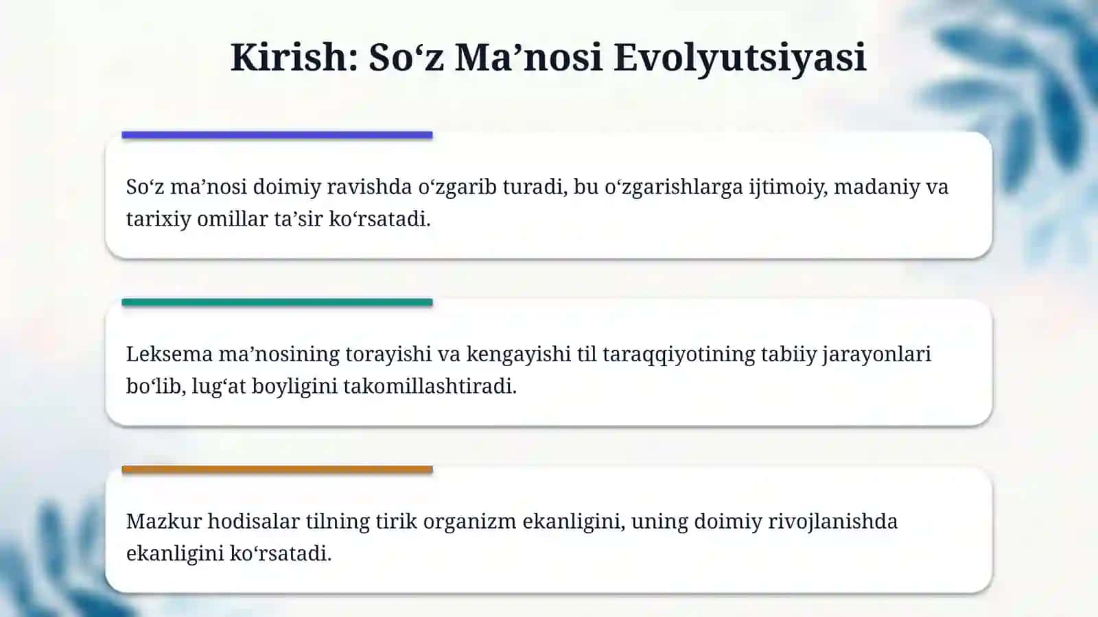 Soʻzning ma'noviy taraqqiyoti. Leksema ma'nosining torayishi va kengayishi 3