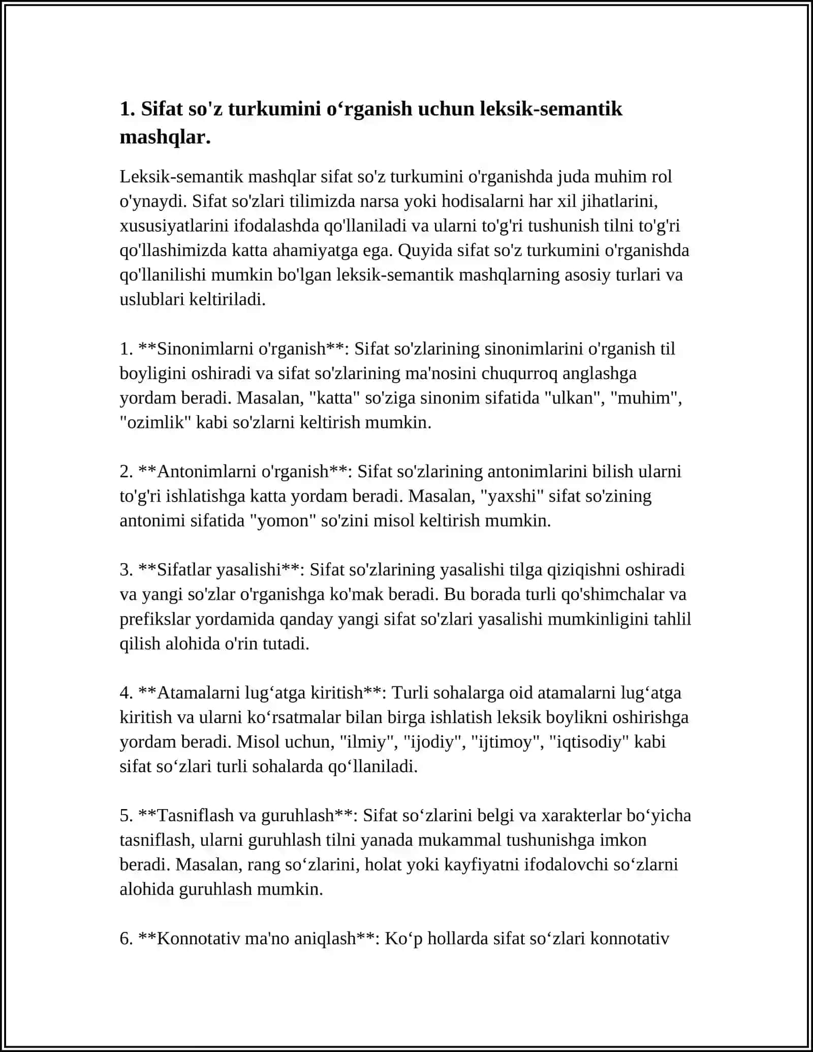 SIFAT SO‘Z TURKUMINI OʻRGANISHDAGI LEKSIK-SEMANTIK MASHQLAR MAVZUSIDA TEZISH YOZISH 3