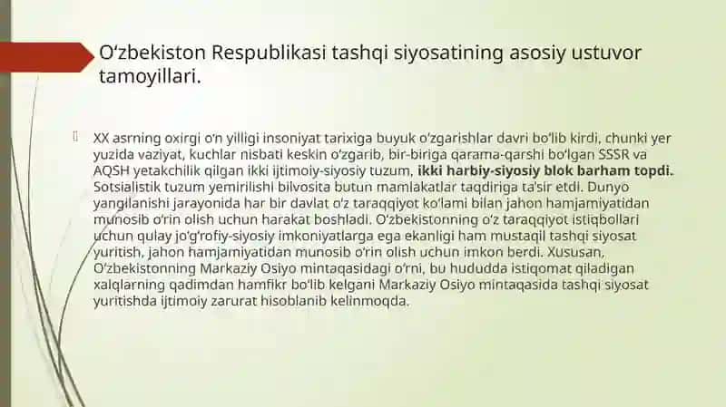 O‘zbekistonning xalqaro aloqalari va jahon hamjamiyatidagi o‘rni 3