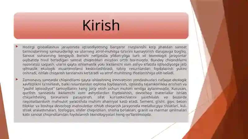 Sanoat chiqindilaridan  devolbop materiallar ishlab chiqarishda  foydalanish 3