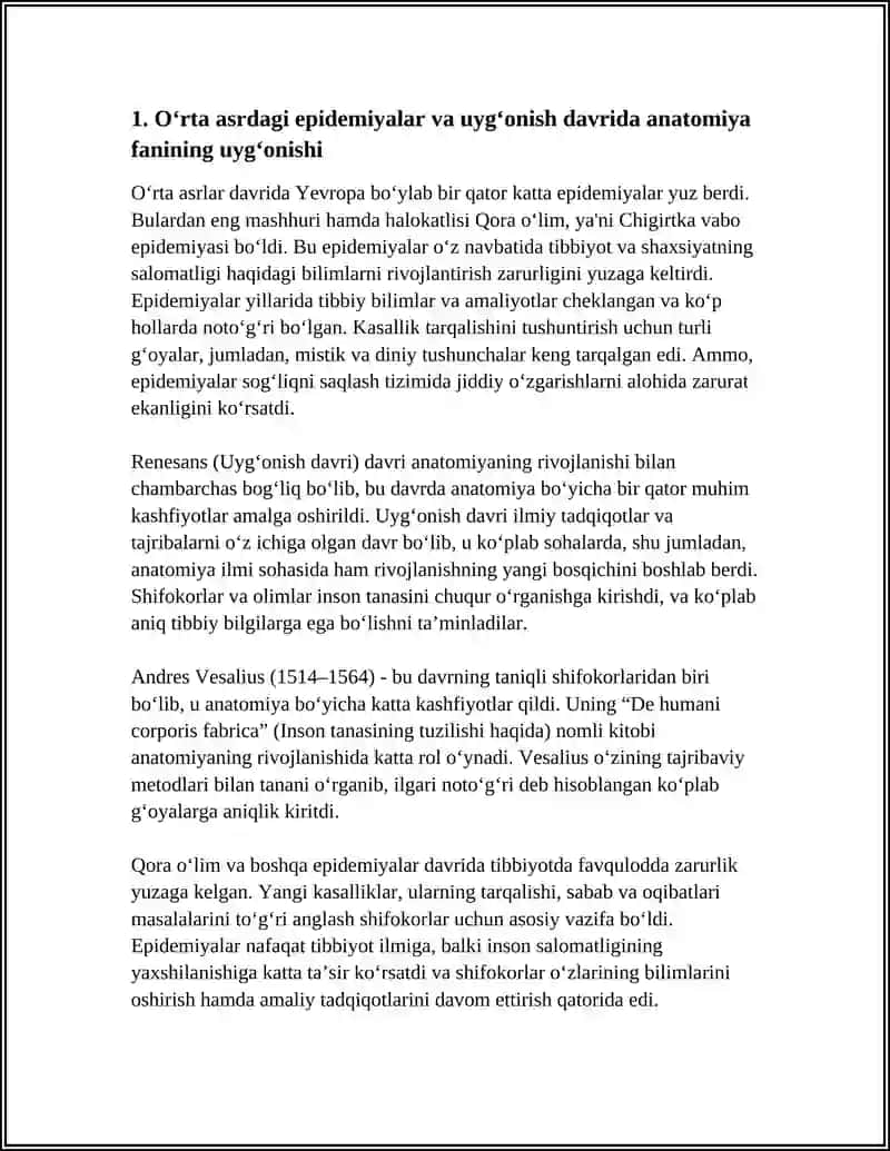 O'RTA ASRDAGI EPIDEMIYALAR VA ULARGA QARSHI KURASH UYGʻONISH DAVRIDA ANATOMIK BOʻLIMLARNING RIVOJLANTIRISHI 3