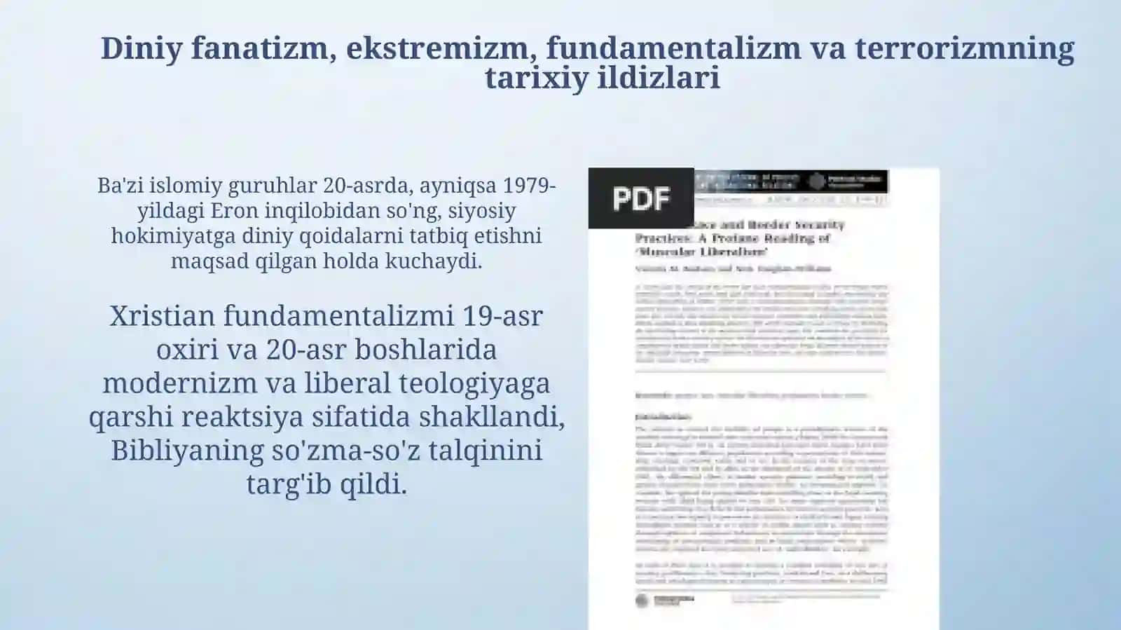 Diniy fanatizm ekstremizm fundamentalizm terrorizm tarixi hozirgi kunda xavfsizlikga tahdidi 3