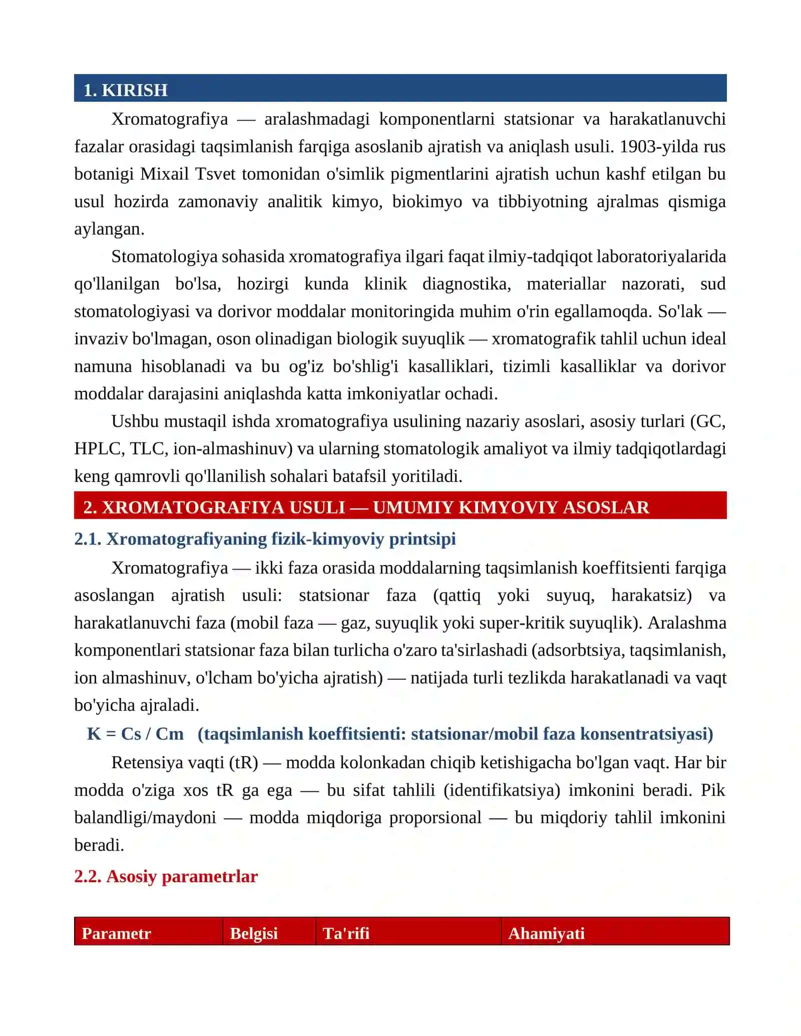 XROMATOGRAFIYA USULINING STOMATOLOGIYADAGI IMKONIYATLARI MUSTAQIL ISH 3