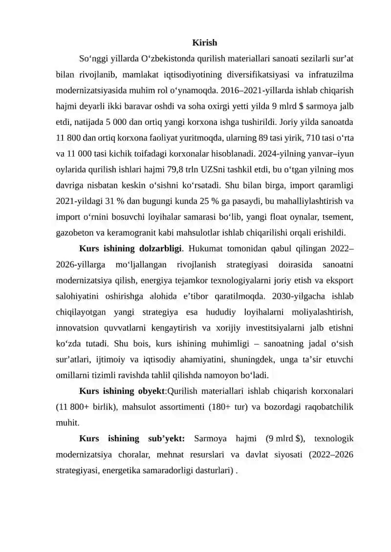 “O‘zbekistonda qurilish materiallari sanoatini rivojlantirish xususiyatlari” mavzusida ilmiy ish 3