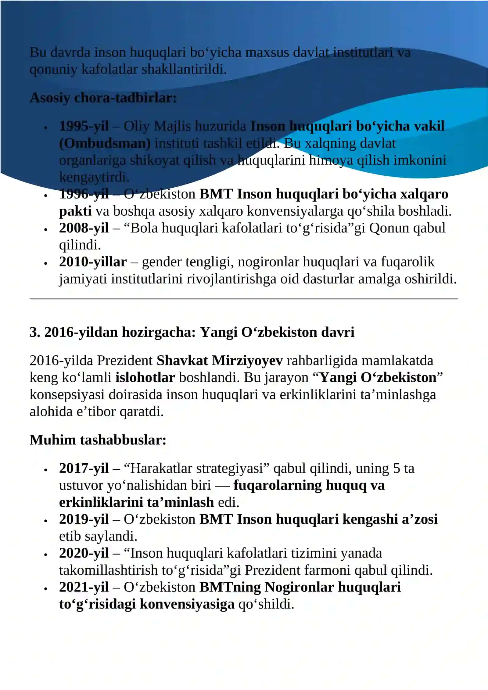 O‘zbekistonda inson huquqlari va erkinliklari kafolatining yaratilishi 3