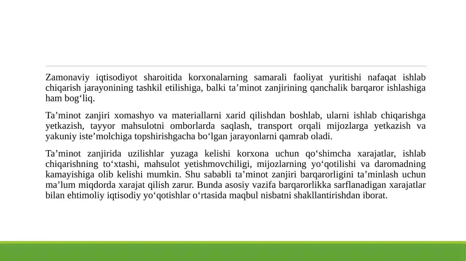 TA’MINOT ZANJIRI BARQARORLIGINI TA’MINLASH XARAJATLARI VA IQTISODIY YO‘QOTISHLARNI KAMAYTIRISH 3