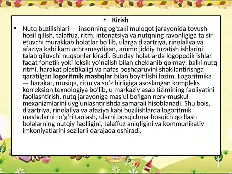 DIZARTRIYA, RINOLALIYA, AFAZIYA SINGARI NUTQ BUZILISHLARDA LOGORITMIK MASHQLAR 3