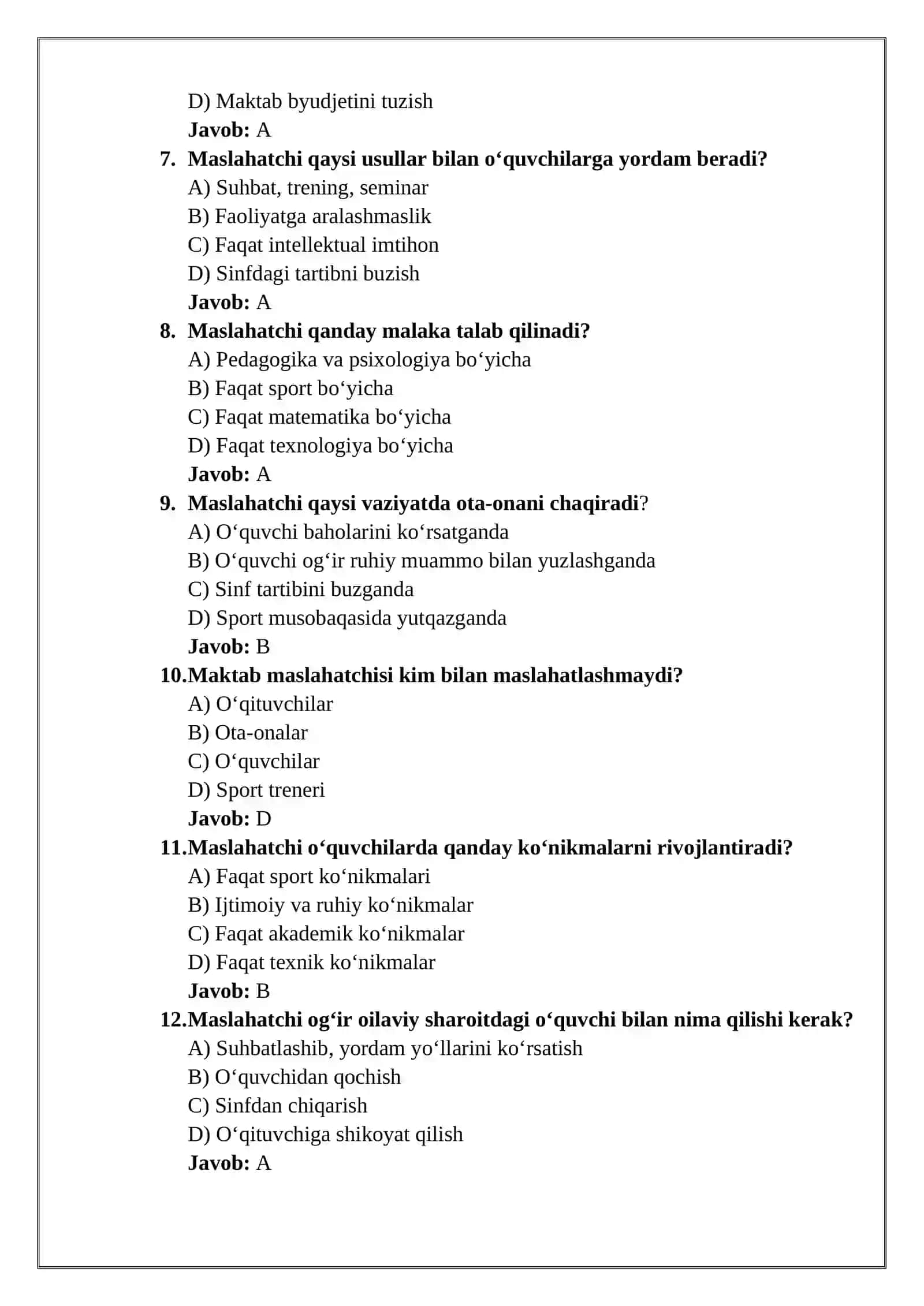 MAKTAB MASLAHATCHISI LAVOZIMI UCHUN TEST SAVOLLARI JAVOBLARI BILAN 3