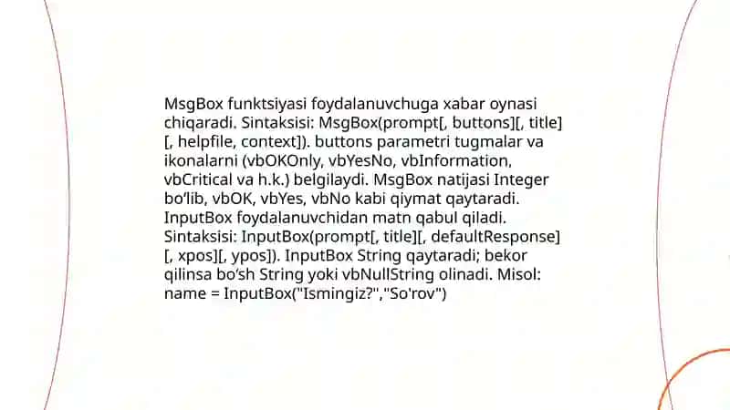 Visual basicda standart funksiyalar,shartli oʻtish operatorlari, sikl operatorlari va massivlar 3
