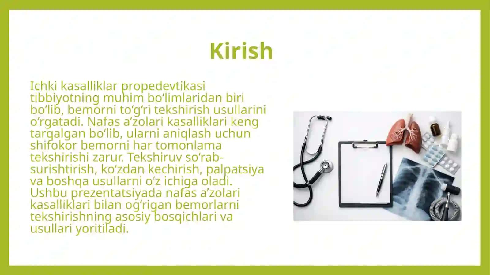 Nafas a'zolari kasalliklari bilan kasallangan bemorlarni tekshirish. So'rab- surishtirish. Asosiy va kushimcha shikoyatlar. Ko'krak qafasini ko'zdan kechirish. Palpasiya (paypaslash) - obyektiv tekshirish usuli sifatida. Limfatik tugunlar va ko'krak qafasi palpasiyasi. 3