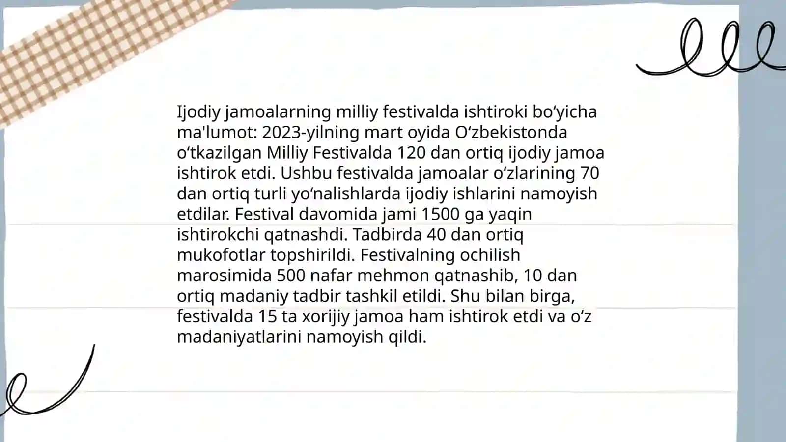 Ijodiy jamoalarning bayram, festival, kprik- tanlov, milliy - anʼanaviy tadbirlarda ishtiroki 3