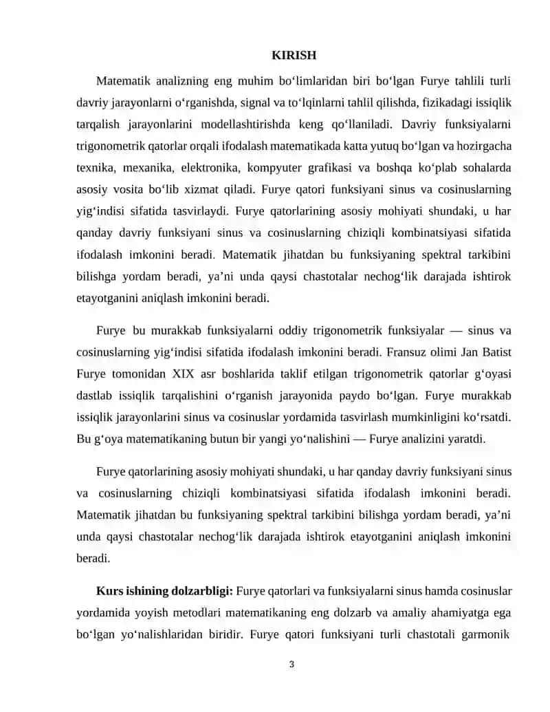 Ixtiyoriy oraliqda funksiyalarni Furye qatoriga yoyish.Funksiyalarni cos va sin bo'yicha yechish. 3