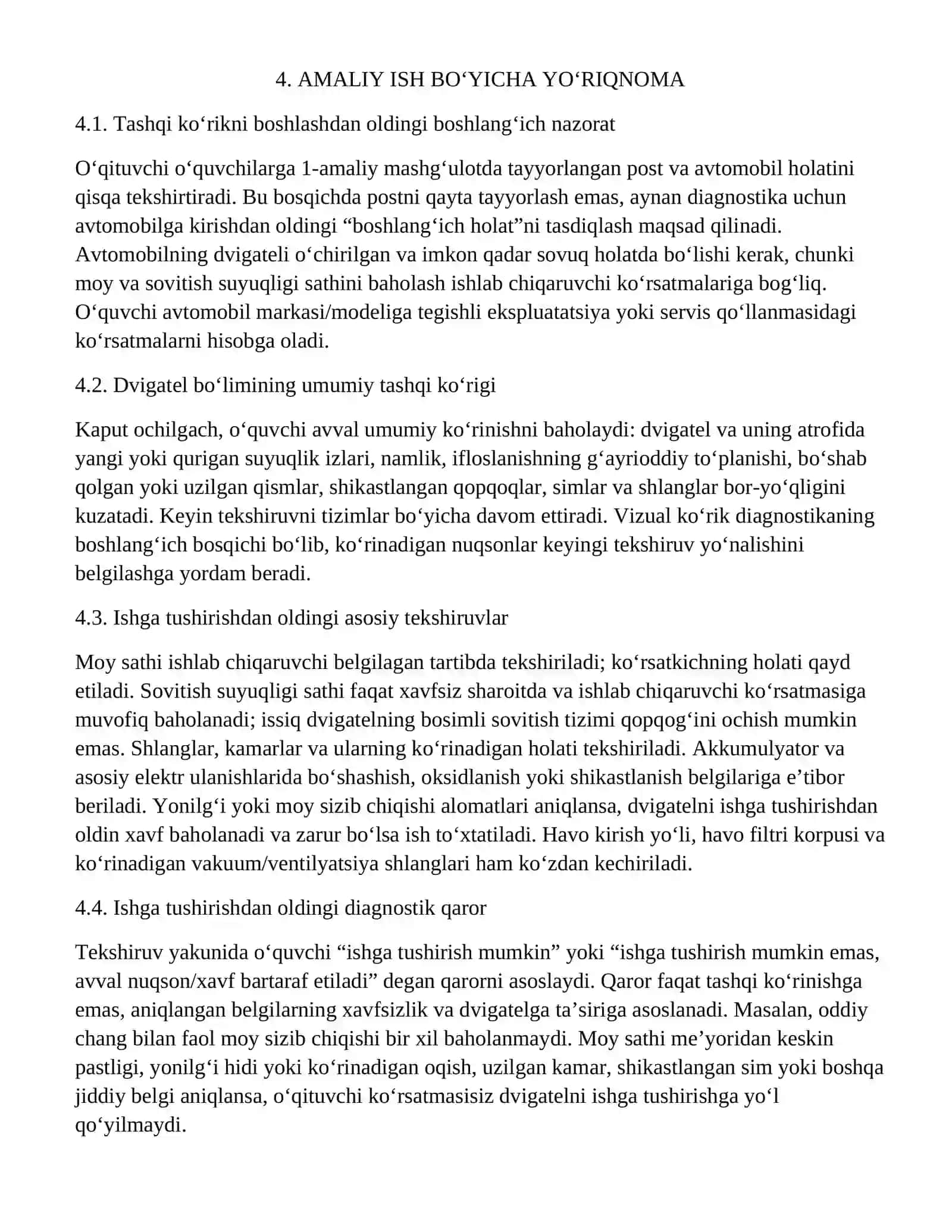 KM.1 — AVTOMOBIL DVIGATELLARINI TASHXISLASH.Amaliy_2_Dvigatelning_tashqi_korik_va_ishga_tushirishdan_oldingi_diagnostikasi 3