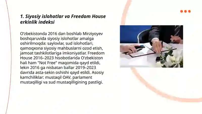 Yangi Oʻzbekistonda ijtimoiy-siyosiy iqtisodiy va madaniy hayotida roʻy beryotgan oʻzgarishlar xalqaro raytingi va endiksda aks etishi 3