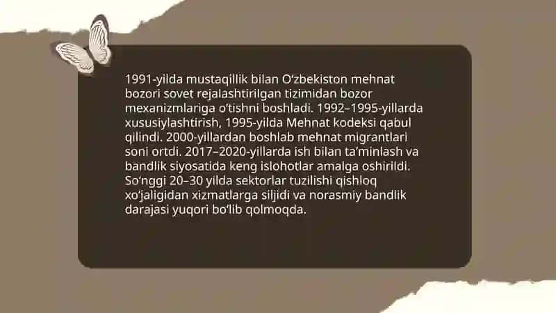OʻZBEKISTON respublikasi mehnat bozorining shakllanishi va ishsizlikning oʻziga xos xususiyatlari 3