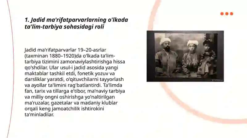 Jadid ma'rifatparvarlarning o'lkada ta'lim-tarbiya sohasidagi roli 3