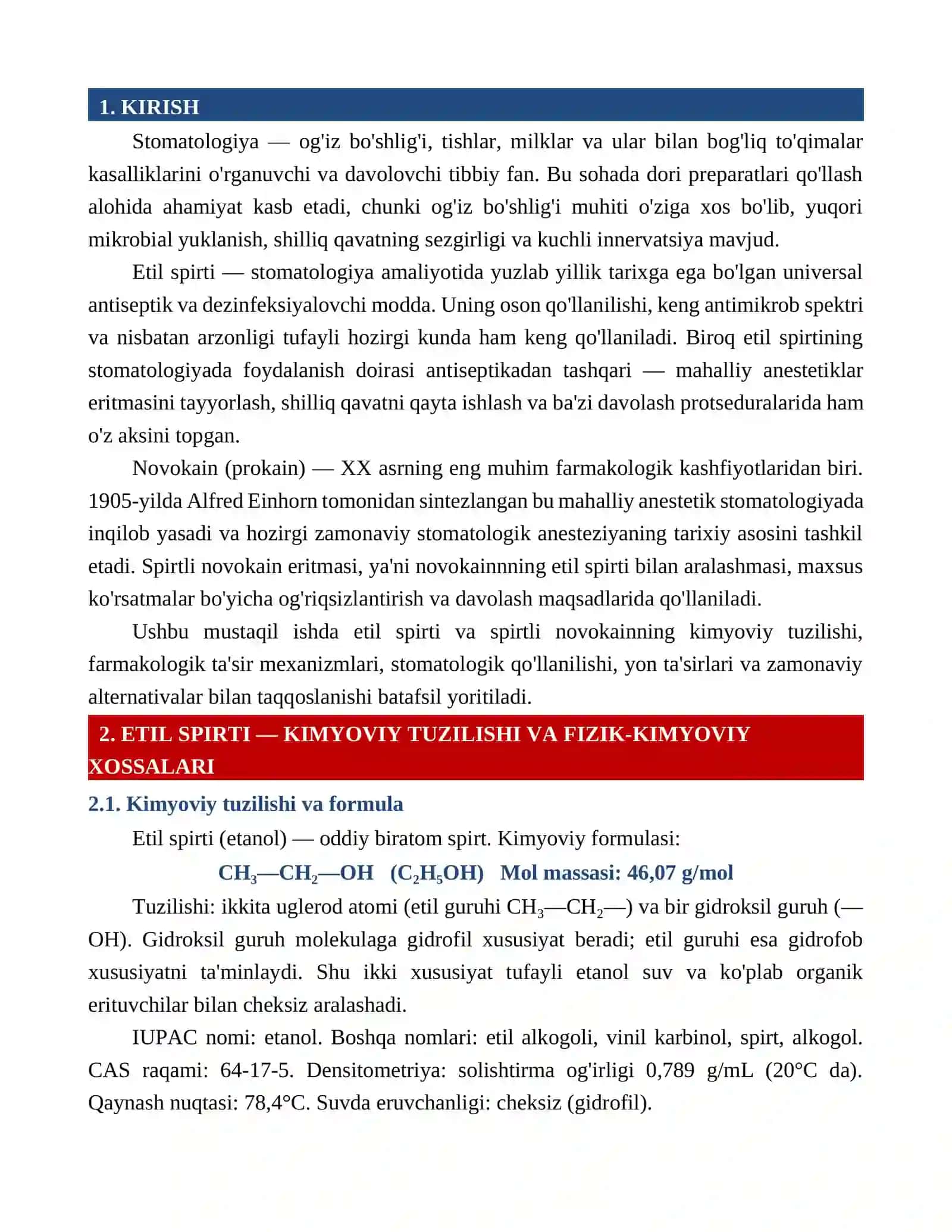 ETIL SPIRTI VA SPIRTLI NOVAKAINNING STOMATOLOGIYA AMALIYOTIDA ISHLATILISHI MUSTAQIL ISH 3