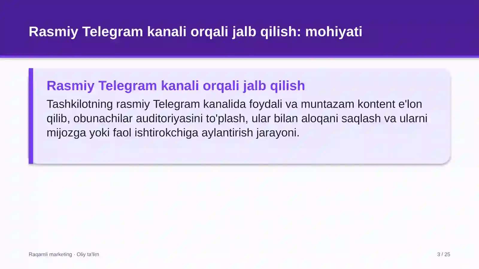 markaziy bank tizimida rasmiy telegram kanali orqali auditoriyani jalb qilish 9206 3
