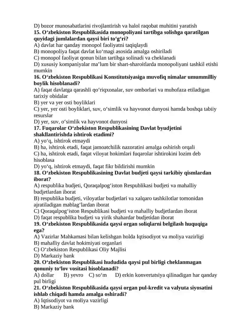Yangi tahrirdagi O‘zbekiston Respublikasi Konstitutsiyasi fanidan yakuniy nazorat savollari 3