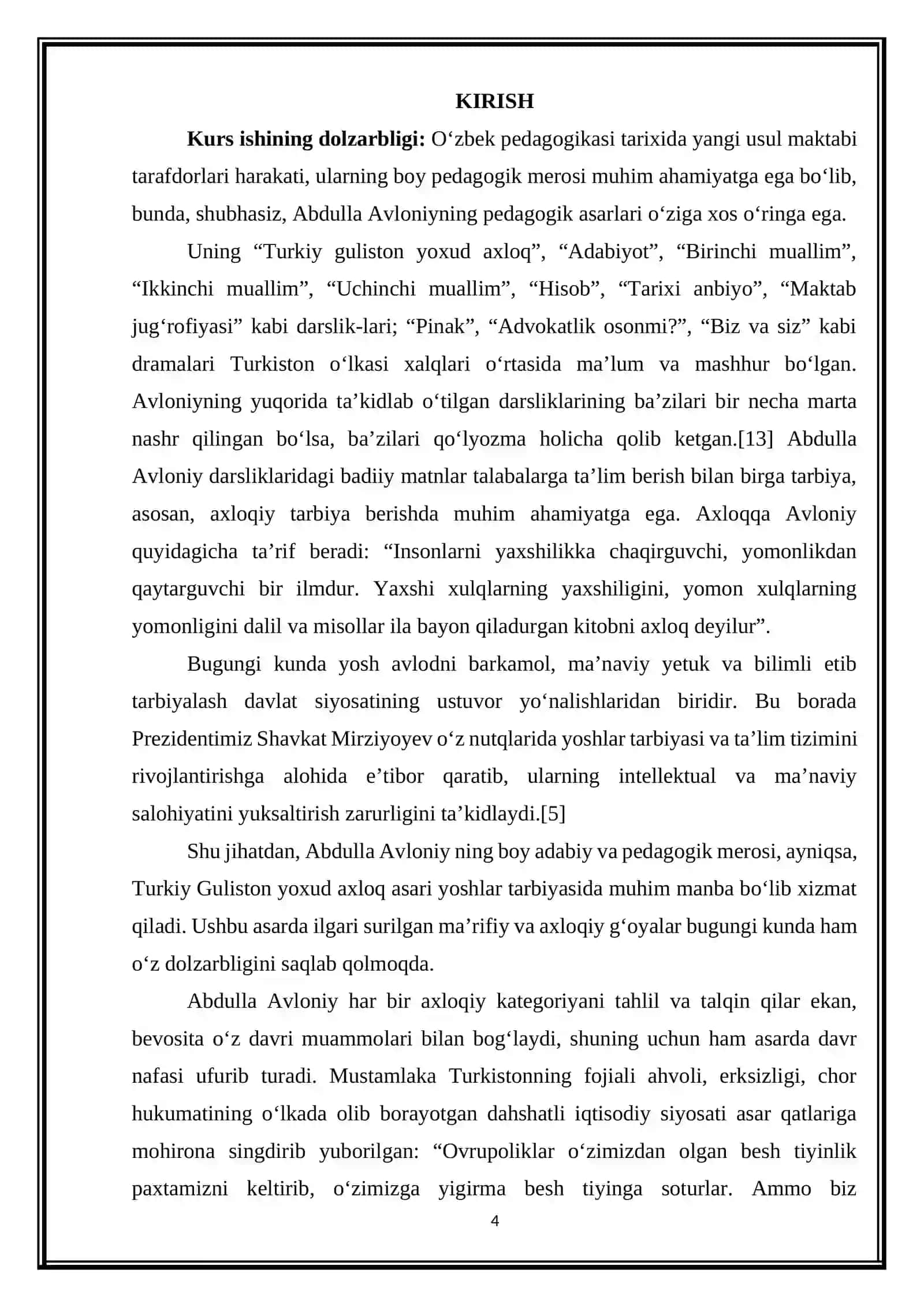Abdulla Avloniy adabiy merosi. Pedagogik asarlari. “Turkiy Guliston yoxud axloq” asarining ma’rifiy-axloqiy va pedagogik qarashlar taraqqiyotidagi o‘rni 3