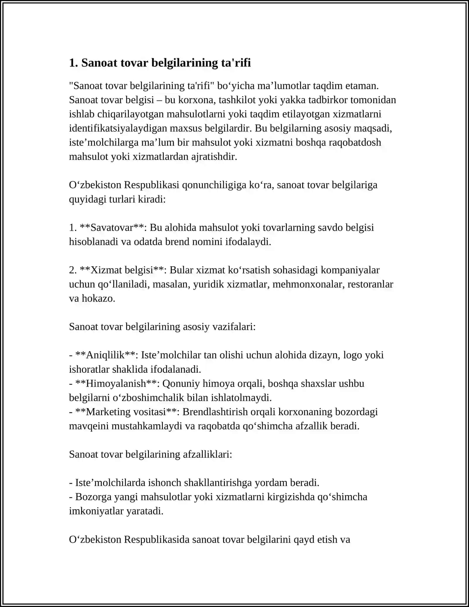 MUSTAQIL ISH Mavzu: SANOAT TOVAR BELGILARINING TURLARI VA ULARGA QO‘YILGAN LOYIHALARNI TUZISH TALABLARI 3