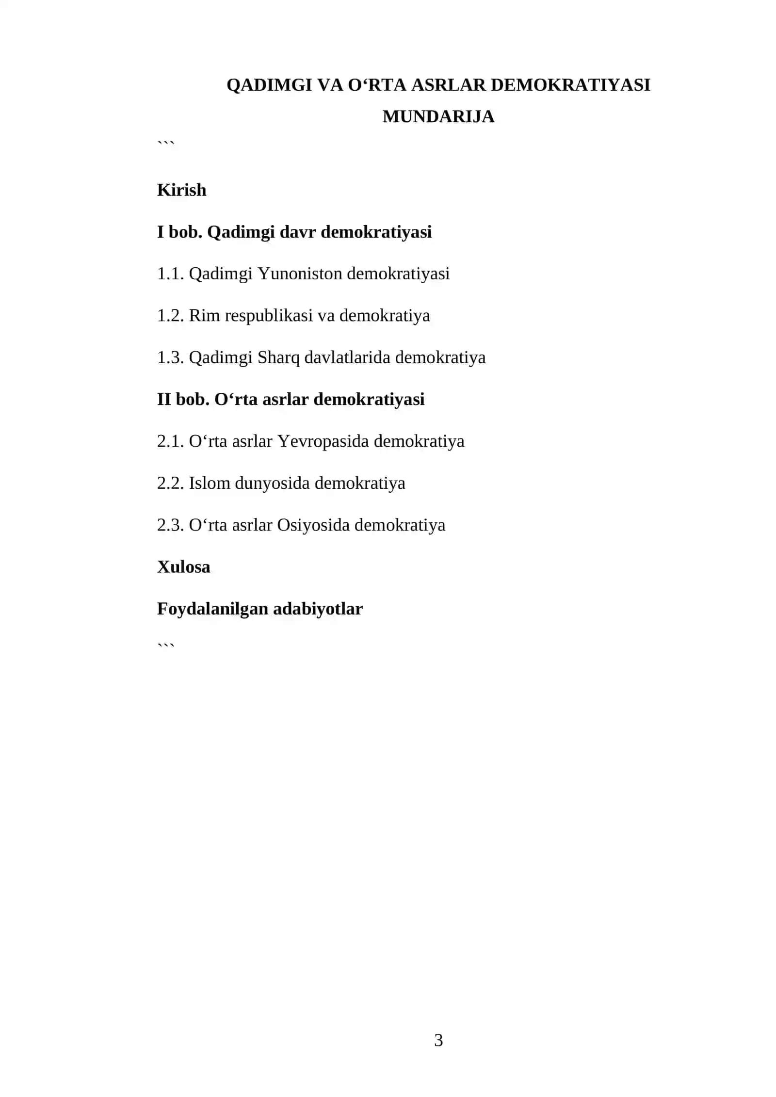 QADIMGI VA O‘RTA ASRLAR DEMOKRATIYASI MUNDARIJA 3