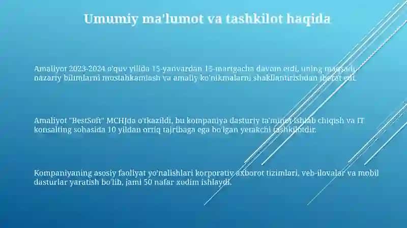 Amaliyot jarayonida bajarilgan ishlar yuzasidan hisobot 3