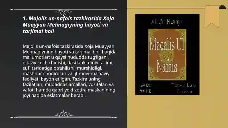 "Majolis un nafois"tazkirasidagi Xoja Muayyan Mehnagiy,Movlono Riyoziy haqida maʼlumot 3