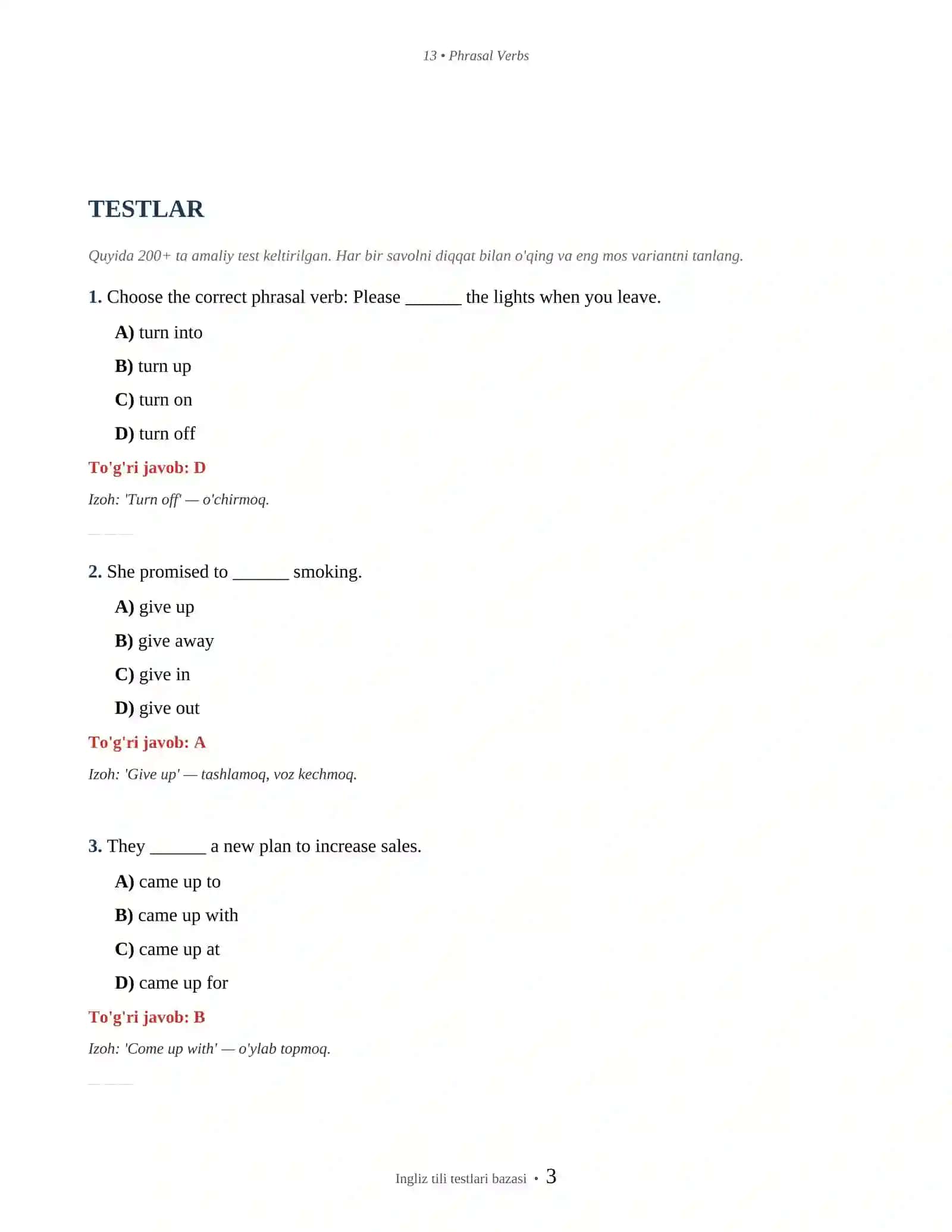 INGLIZ TILI PHRASAL VERBS TESTLARI 3