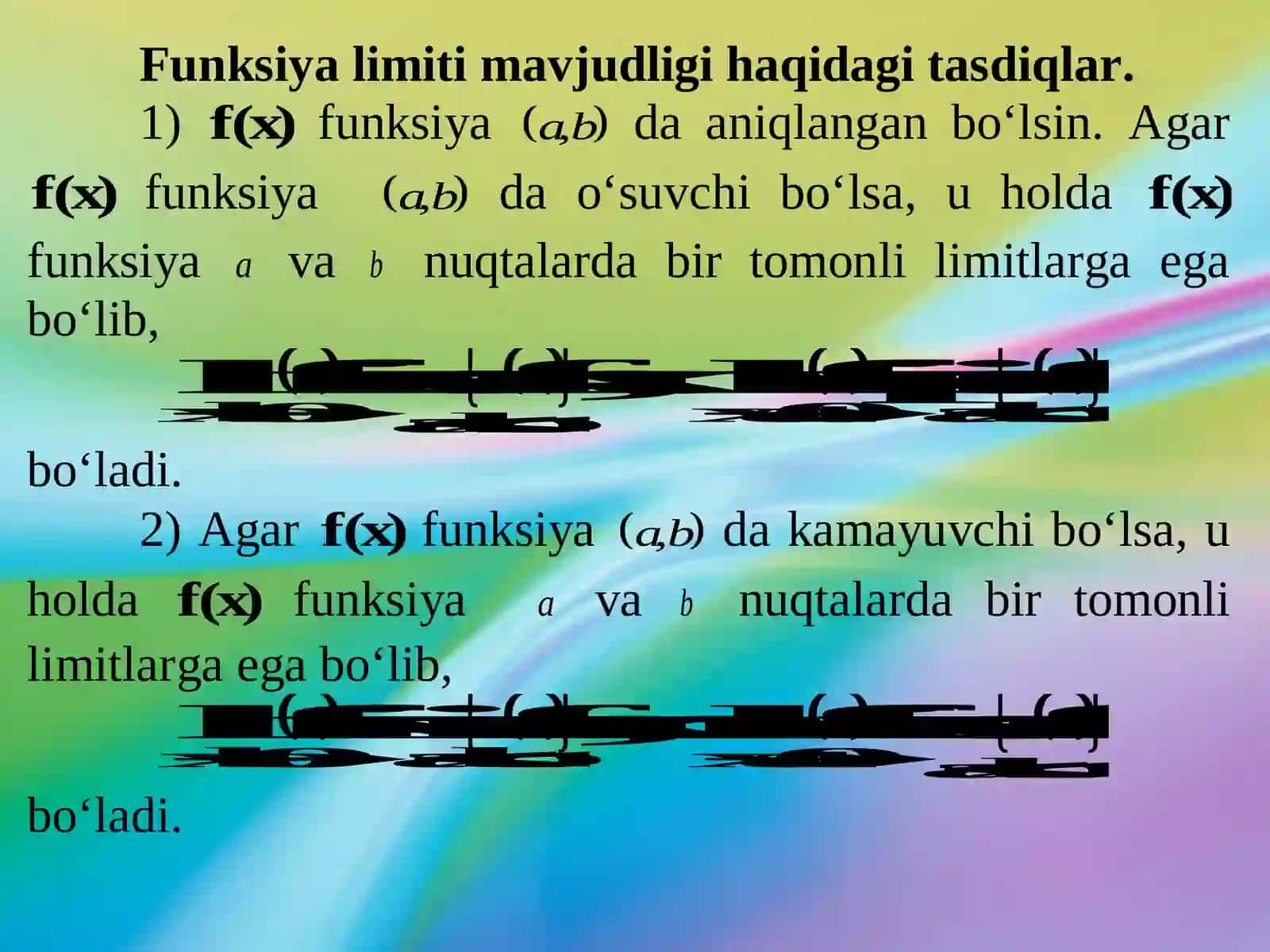 Ikki funksiya yigʻindisi, ko’paytmasi va bo’linmasining limiti 3