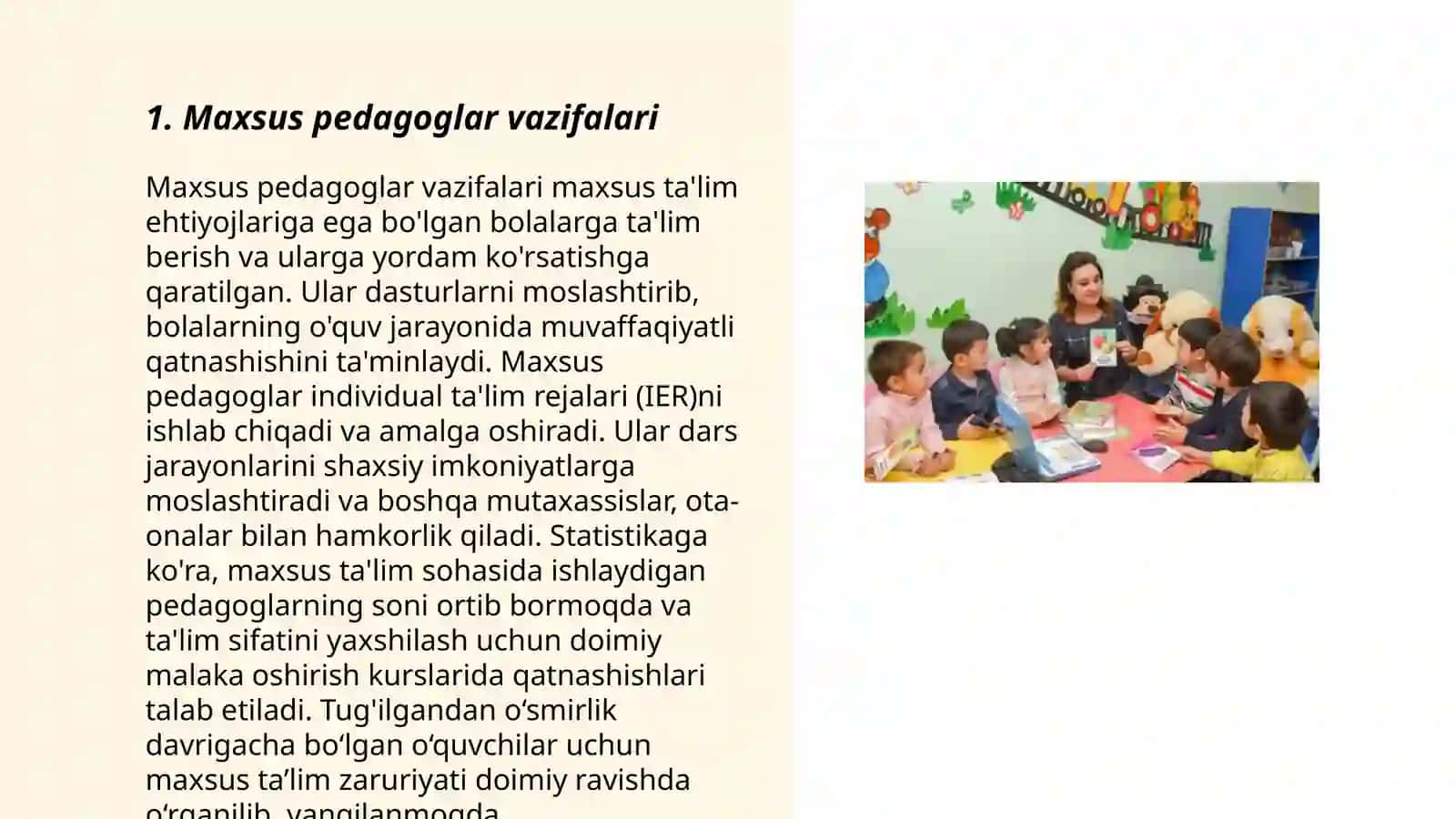 Alohida taʼlim ehtiyojlari boʻlgan bolalarga individual taʼlim dasturlarini oʻzlashtirishda maxsus pedagoglar va tyutorlar (yordamchi pedagog xodimlar) vazifalari 3
