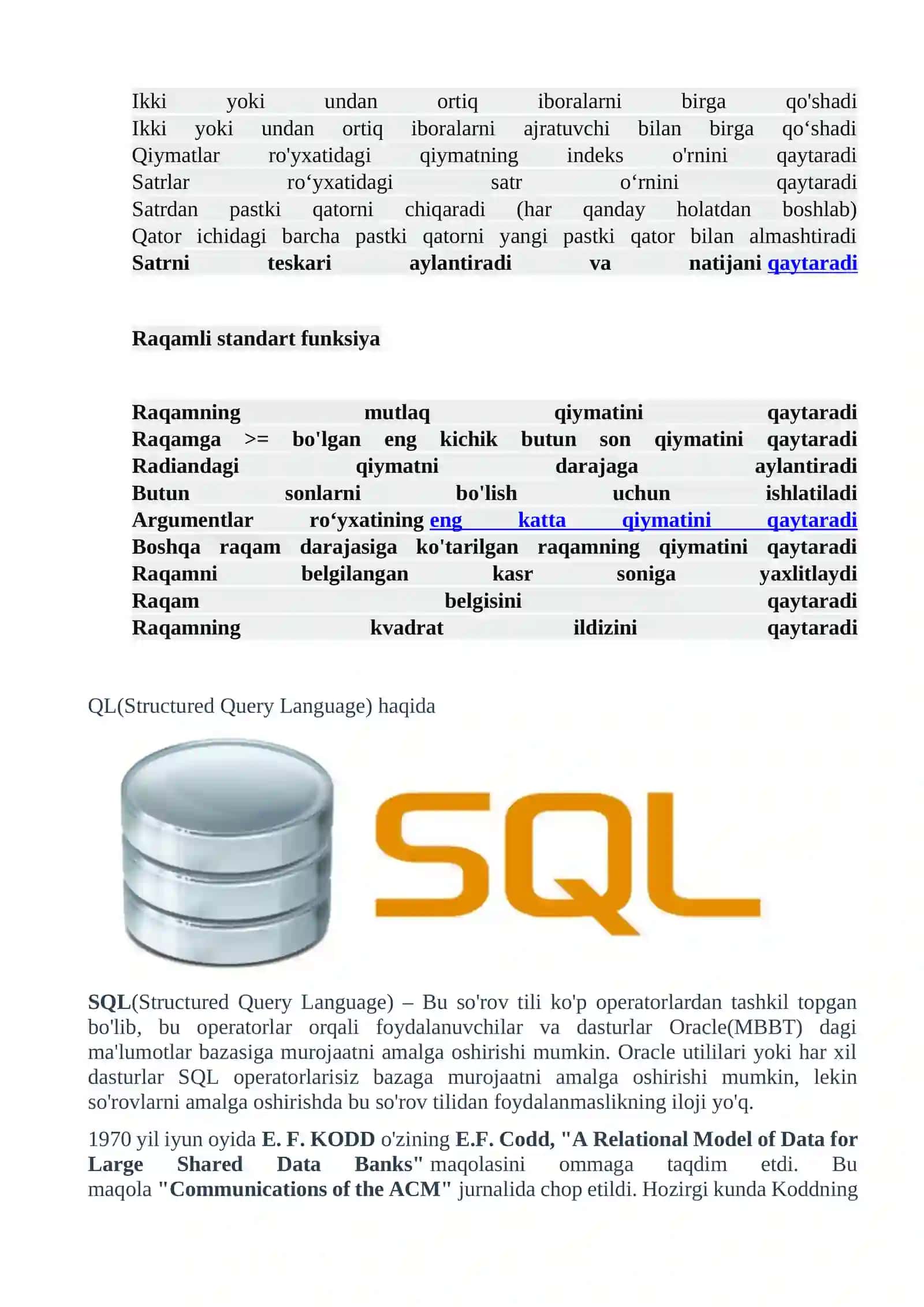 SQL da jarayonlar va standart funksiyalar 3