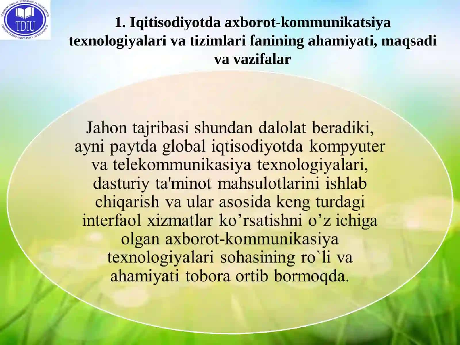 KIRISH. AXBOROT-KOMMUNIKATSIYA TЕXNOLOGIYALARINING IQTISODIYOTDAGI O`RNI VA VAZIFALARI 3