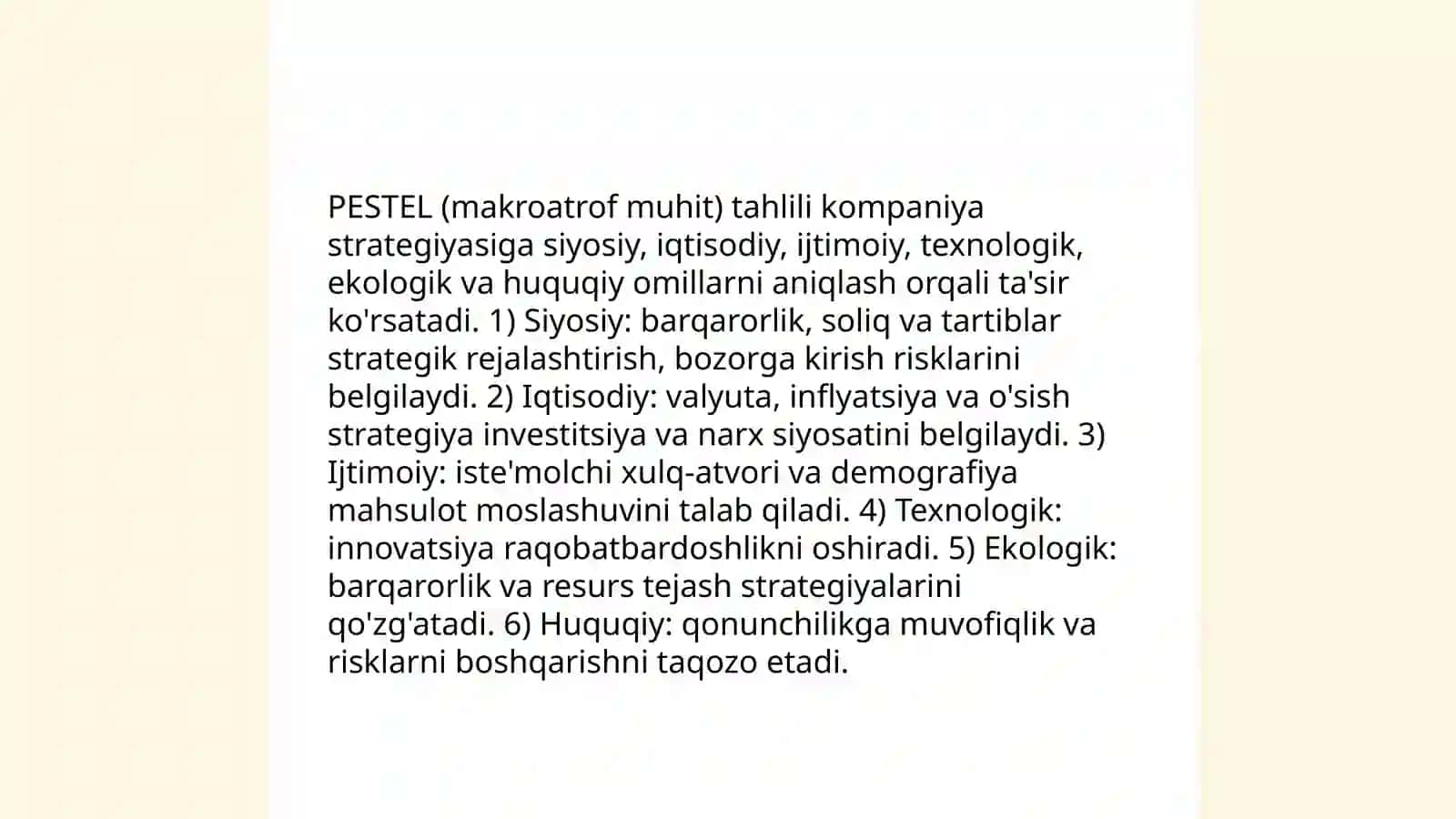 PESTEL (makroatrof muhit) tahlili va strategiyaga ta'siri 3