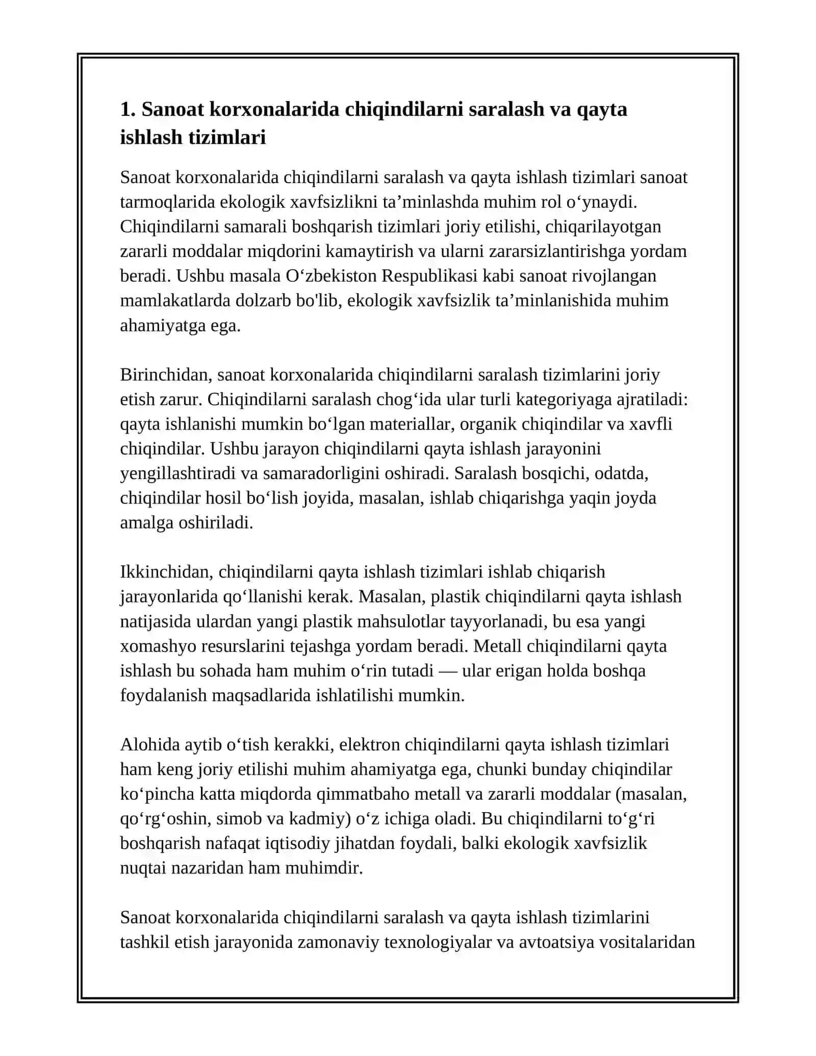 MUSTAQIL ISH: SANOAT TARMOQLARIDA EKOLOGIK XAVFSIZLIKNI TA’MINLASH 3