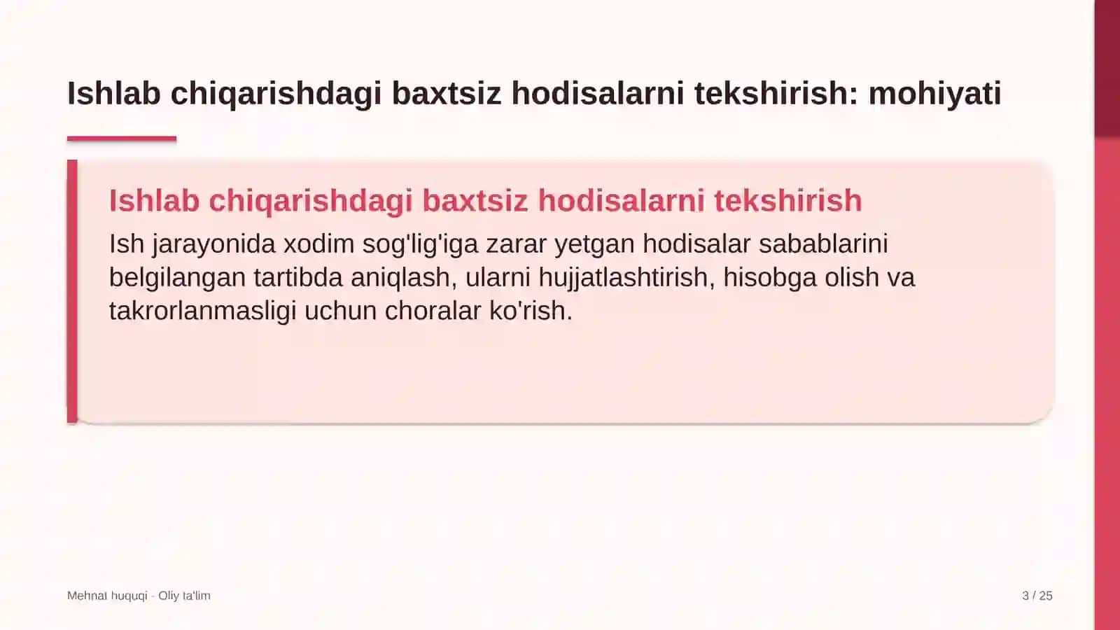 poyabzal ta'mirlash ustaxonalarida ishlab chiqarishdagi baxtsiz hodisalarni tekshirish va hisobga olish 8959 3