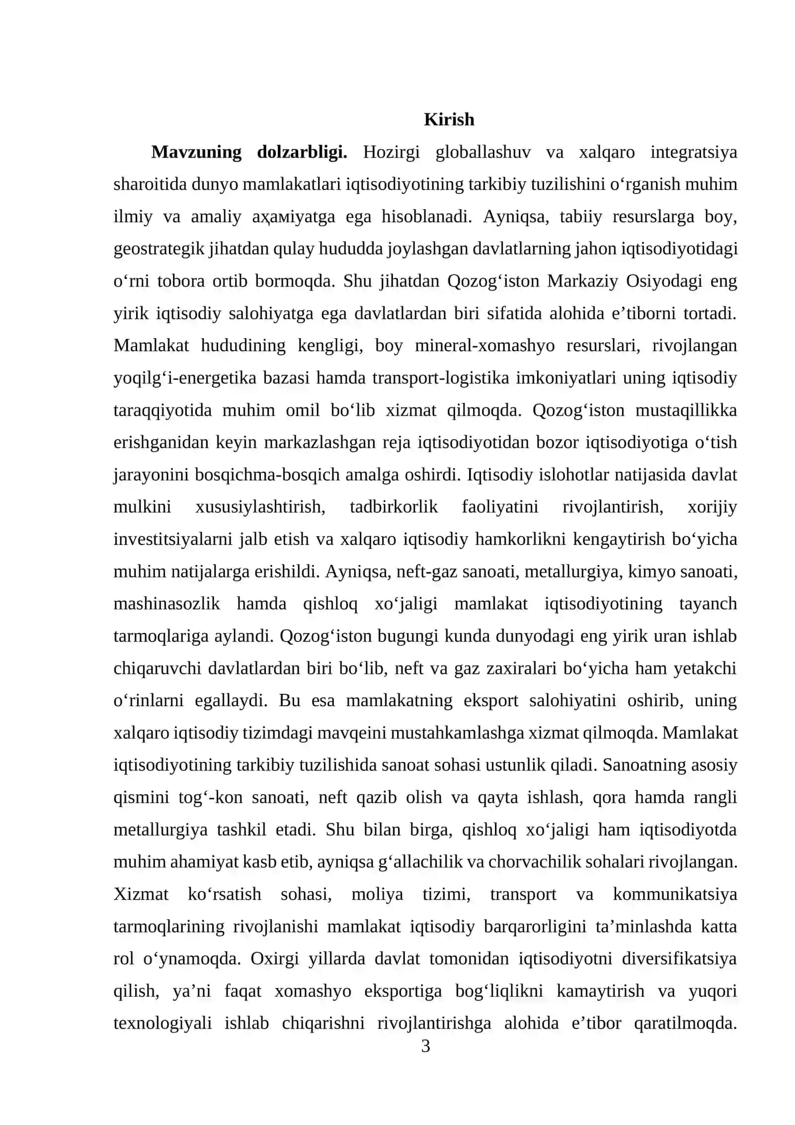 Qozogʻiston iqtisodiyotining tarkibi va Jahon iqtisodiyotidagi oʻrni 3