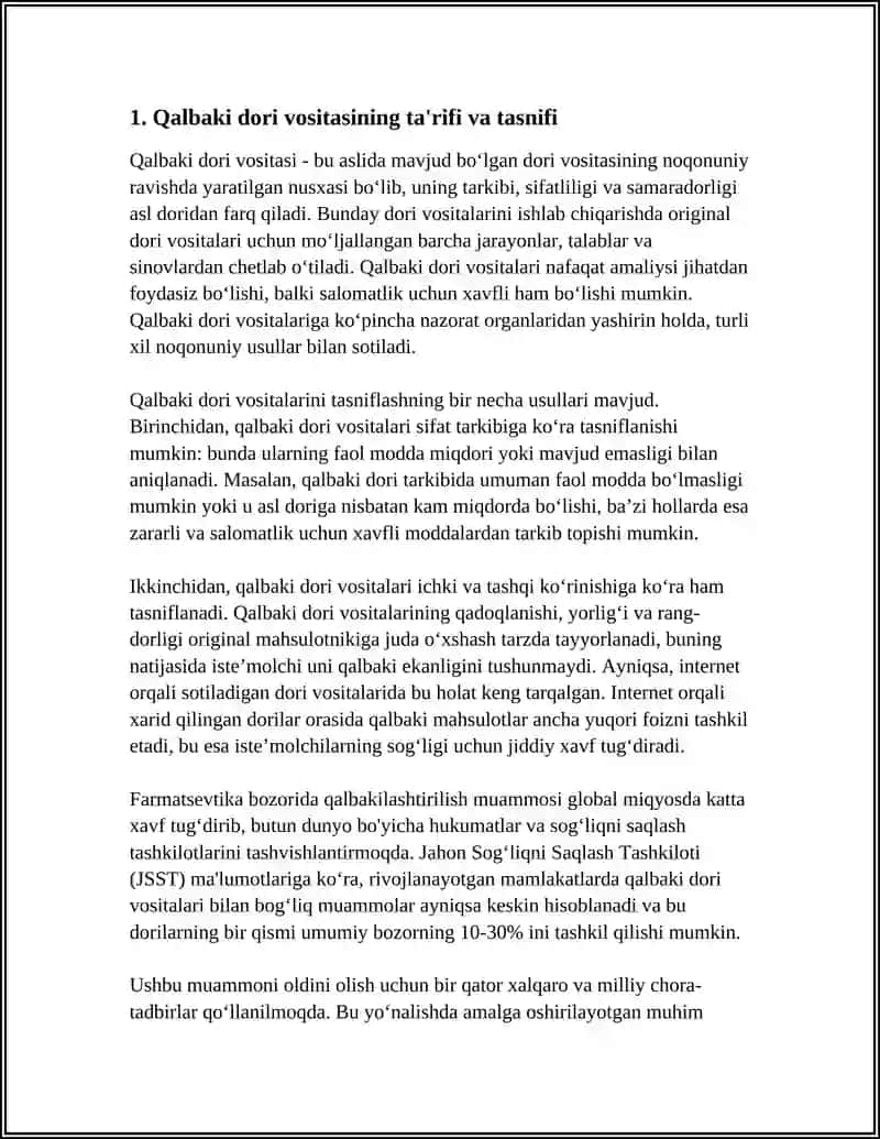 REFERAT: QALBAKI DORI VOSITALARI HAQIDA TUSHUNCHA. FARMATSEVTIKA BOZORIDA QALBAKILASHTIRISH MUOMMOSI VA UNI OLDINI OLISH MASALALARI 3