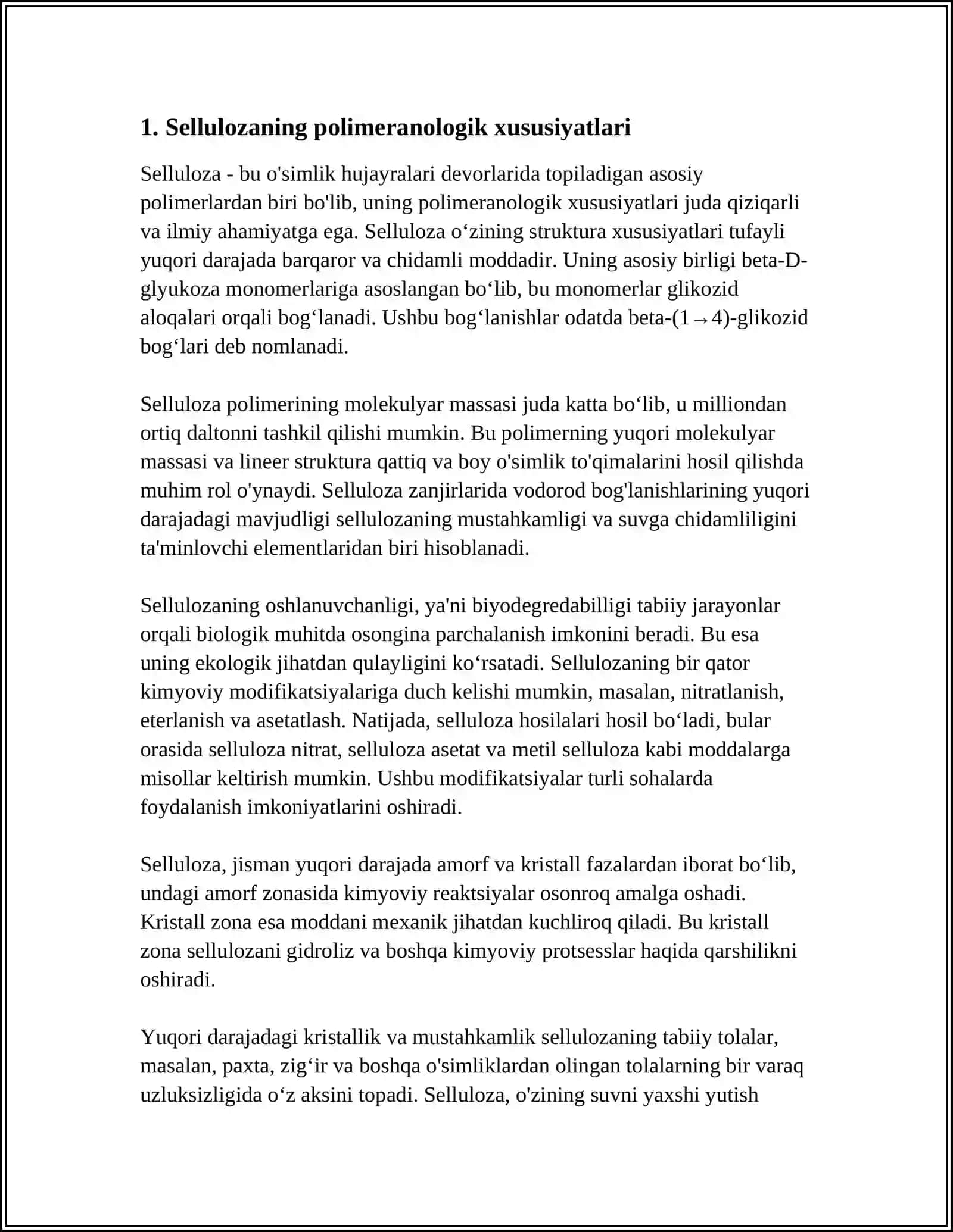 SELLULYOZA VA TABIIY IPAKNING POLIMERANOLOGIK O'ZGARISHLARI.DESTRYUKSIYANI TEZLATUVCHI VA SEKINLATUVCHI REAKSIYALAR.SHISHASIMON YUQORI ELASTIK VA QOVUSHQOQ-OQUVCHAN HOLATLARNING MASSASIGA BOG'LIQLIQLIGI 3