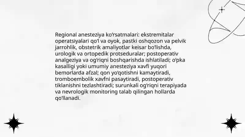 REGIONAL ANESTEZIYAGA KO‘RSATMALAR VA QARSHI KO‘RSATMALAR 3