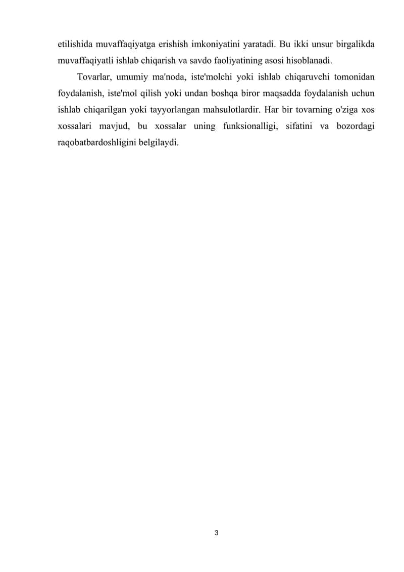 Tovar va uning xossalari. Ishlab chiqarish jarayoni 3