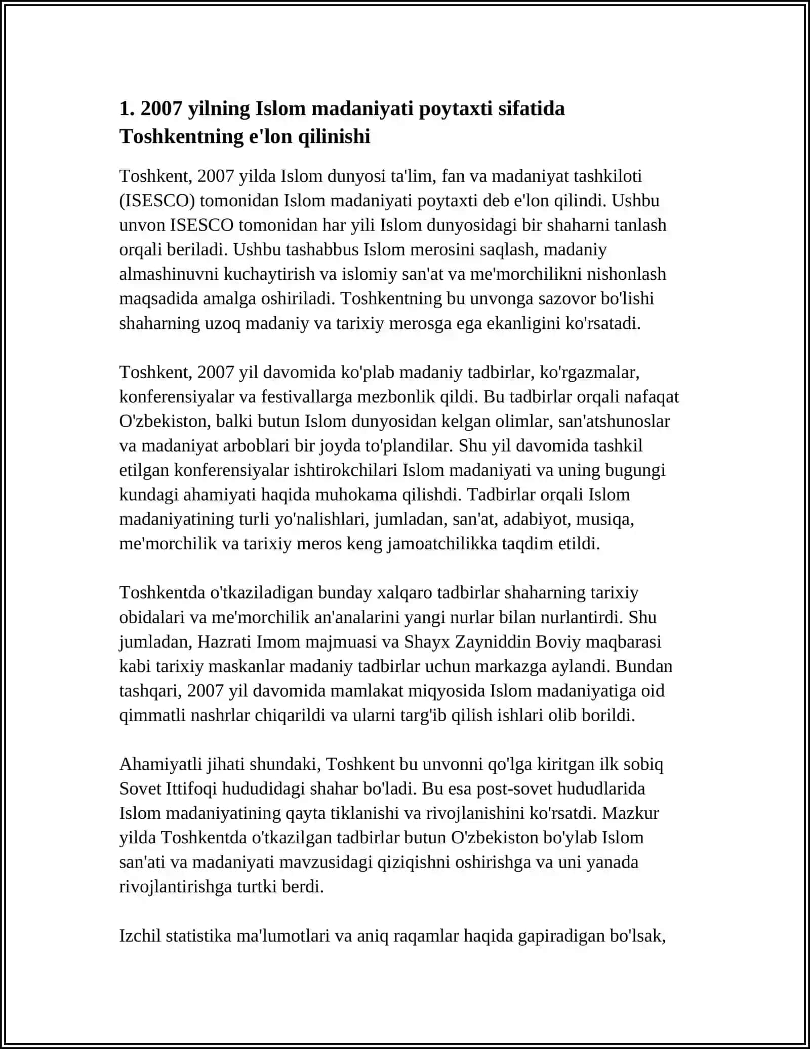 2007 - YIL TOSHKENT - ISLOM MADANIYATI POYTAXTI DEB E'LON QILINISHINING MAZMUN VA MOHIYATI 3