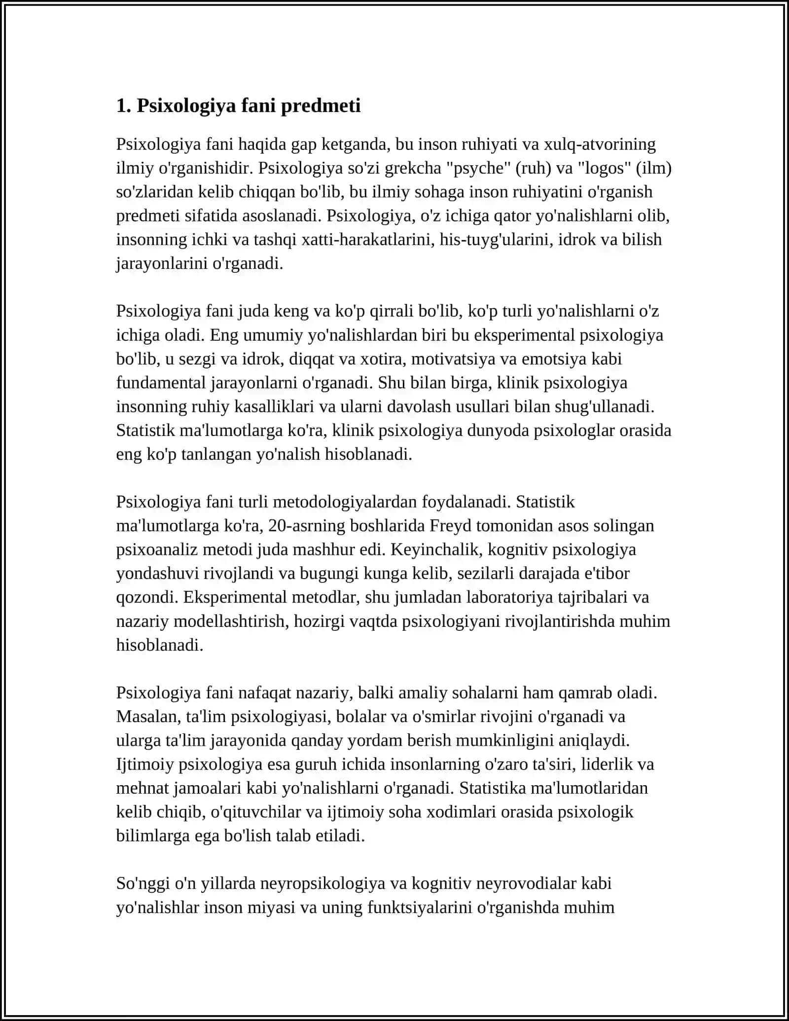 PSIXALOGIYA FANINING PRDMETI VA RIVOJLANISH TARIXI SOHALARI VA TADQIQOD METODLARI 3