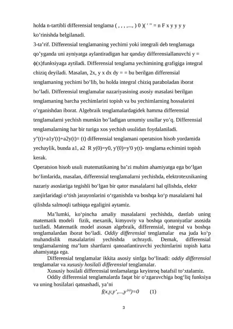 Differensial tenglamalar va tenglamalar sistemasini operatsion hisob usullari yordamida yechish. 3